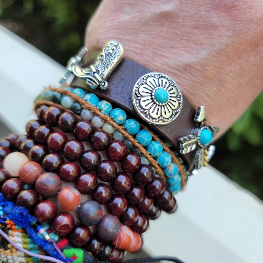 vegan Leather Turquoise free spirit boho Southwestern people cuff bracelet